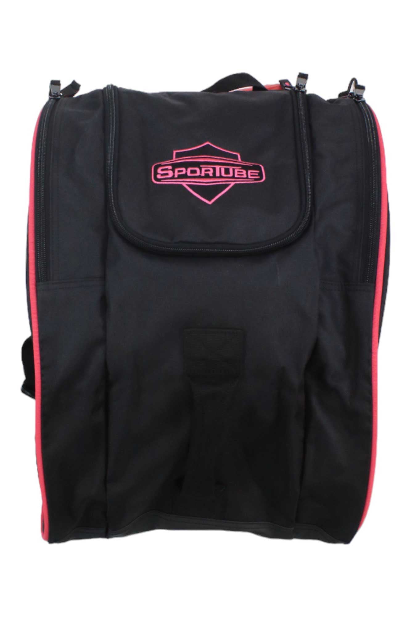 The Sportube Juniors' Freestyler Boot Bag, in black with pink accents and a front zippered pocket, is ideal for kids’ gear and is shown against a white background.