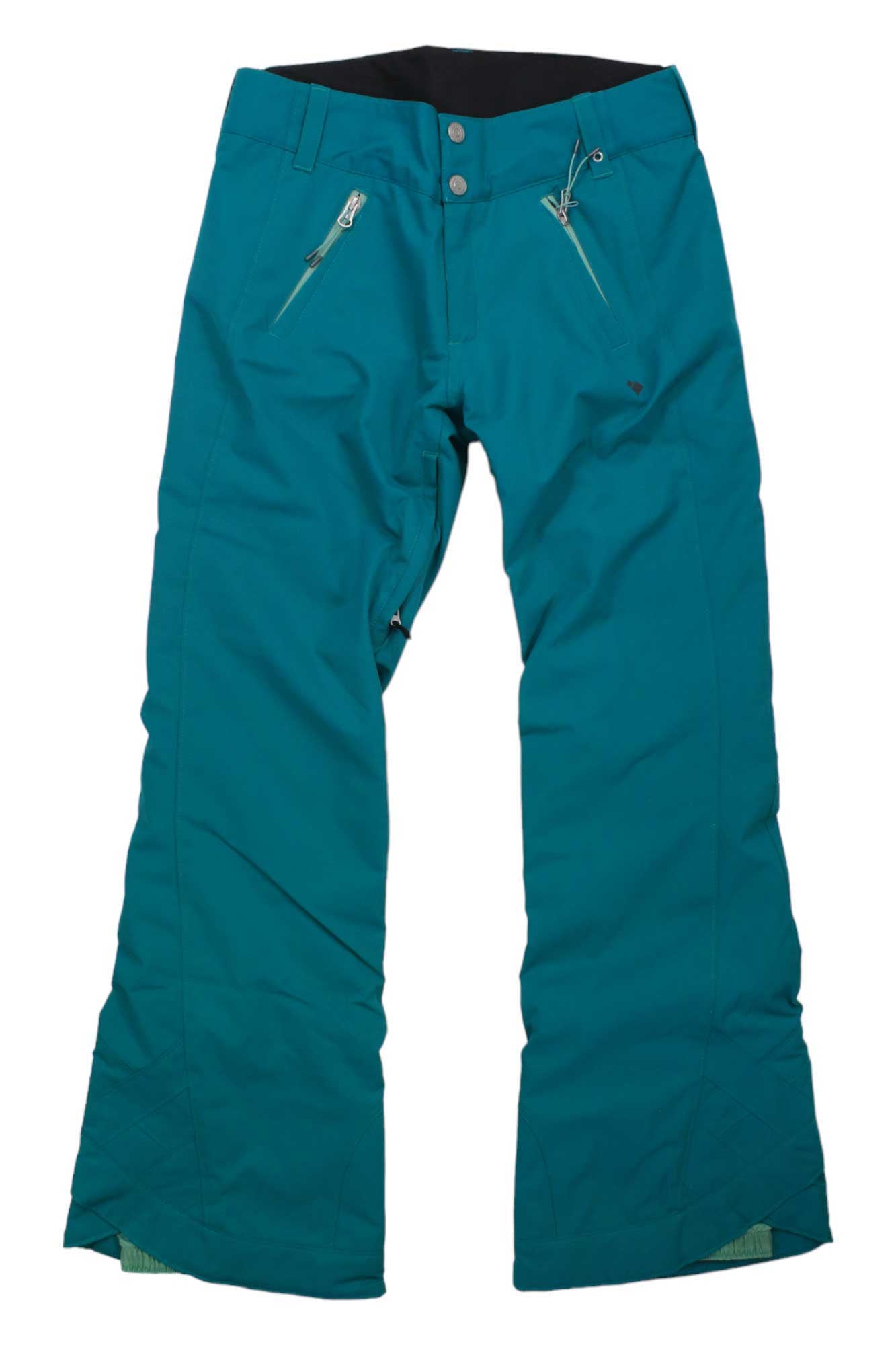 Jessi Snow Pants in teal for girls, waterproof and insulated, feature zippered pockets, button closure, and slightly flared legs, displayed flat on a white background.