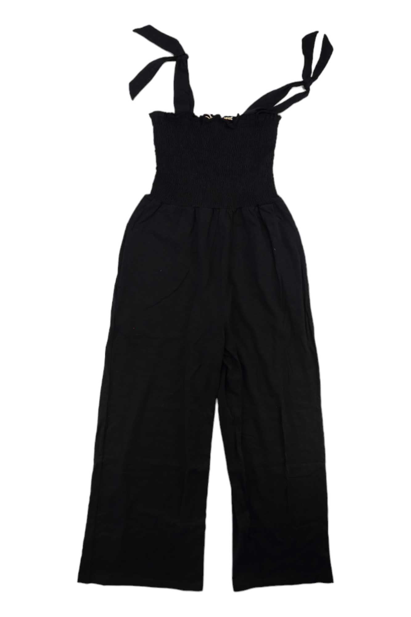 Women's sleeveless black jumpsuit with wide legs and bow-tied shoulder straps