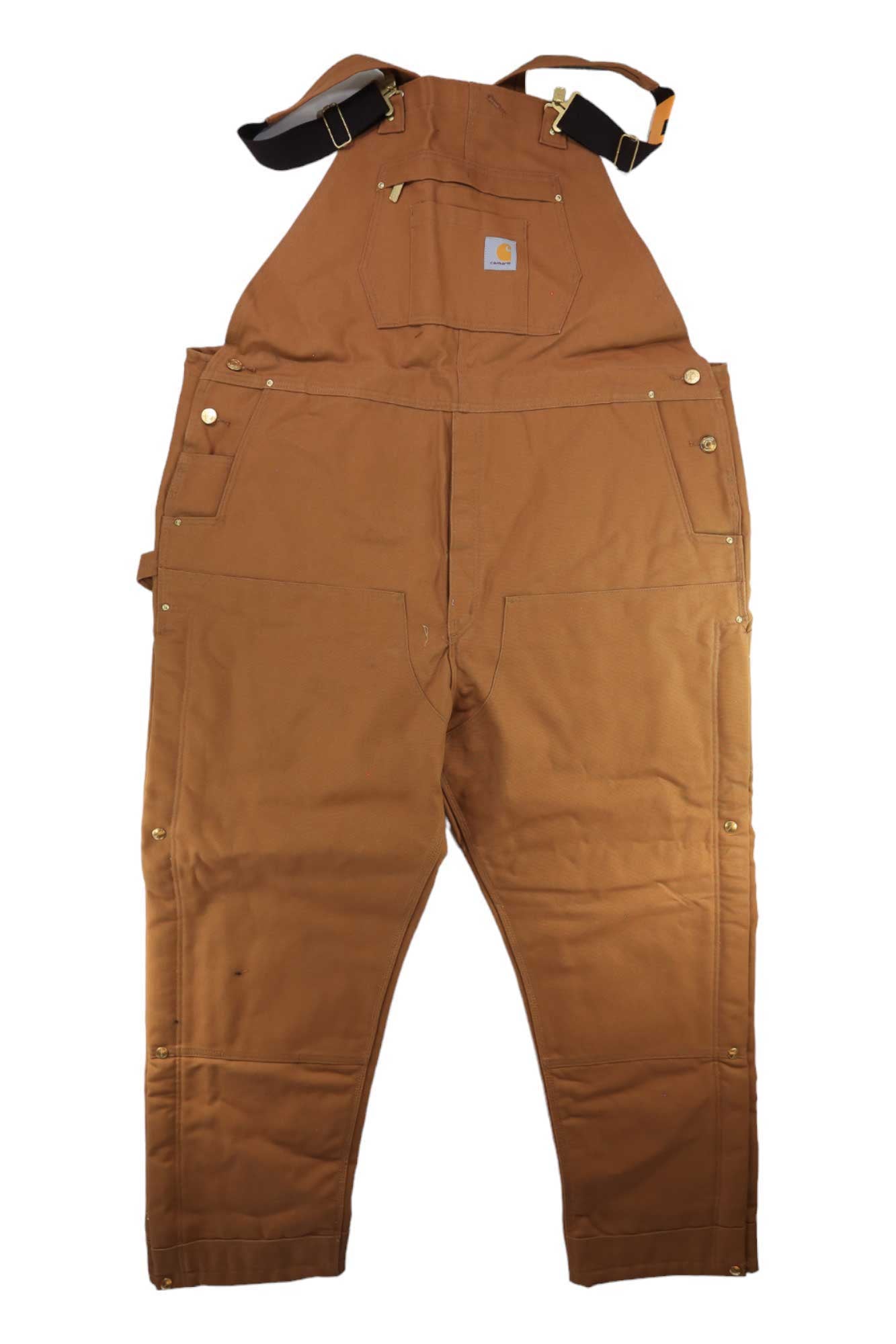 The Carhartt Men's Loose Fit Firm Duck Insulated Overall Bib features black adjustable straps, metal buckles, and multiple pockets, shown laid flat on a white background.