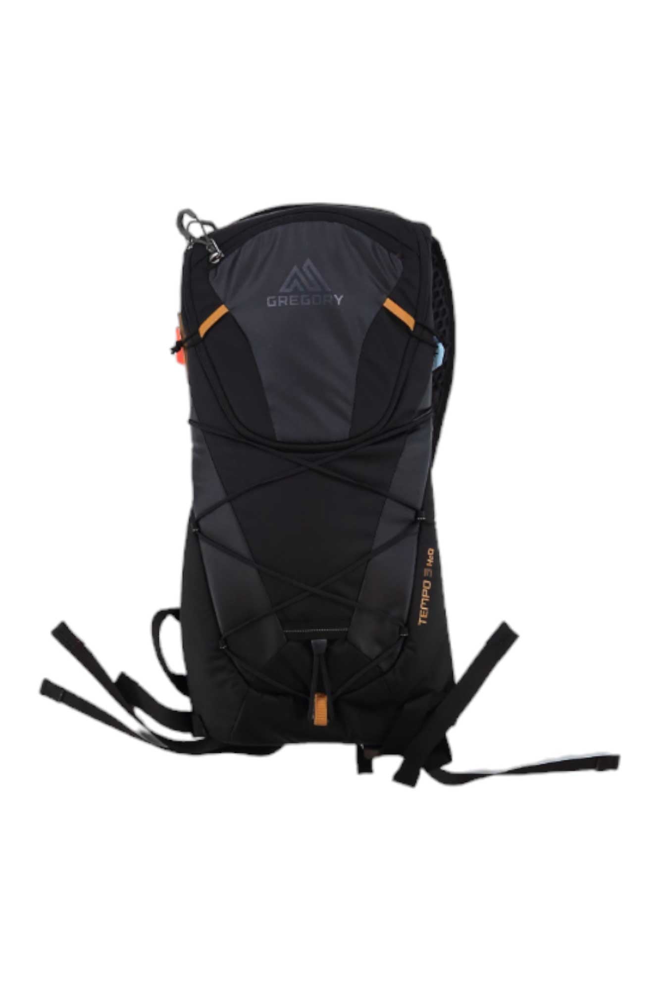 A black Gregory Tempo 3 Hydration Pack with orange accents, elastic front cord, adjustable shoulder straps, zippered top compartment, and integrated ski attachment system is displayed against a white background.