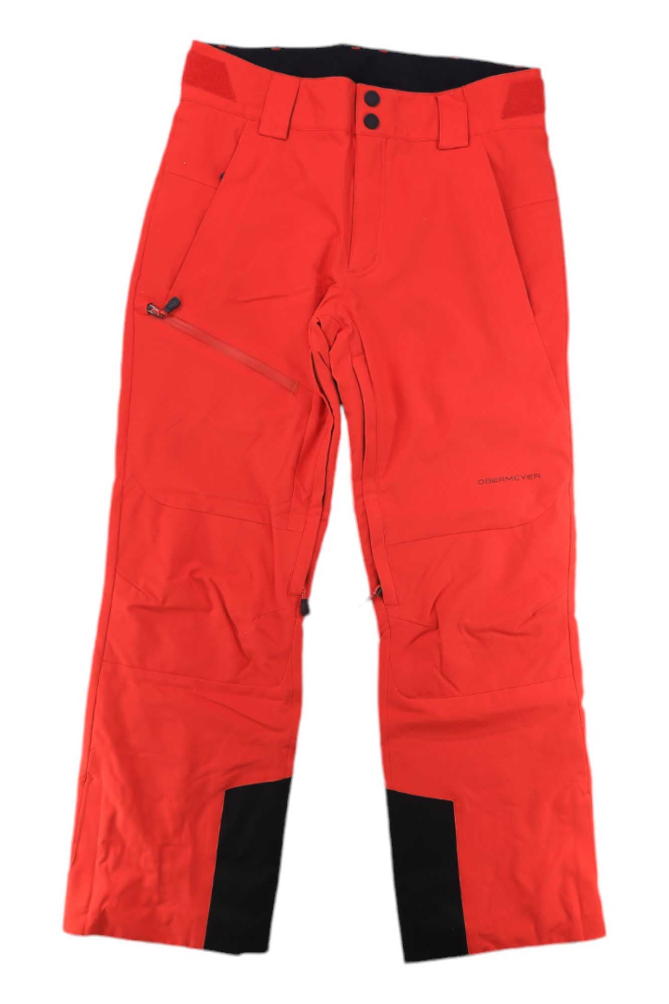 Obermeyer Men's Force Pant in bright red features HydroBlock Pro stretch fabric, black reinforced cuffs, front zipper and button closure, belt loops, and a zippered side pocket. Shown flat on a white background.