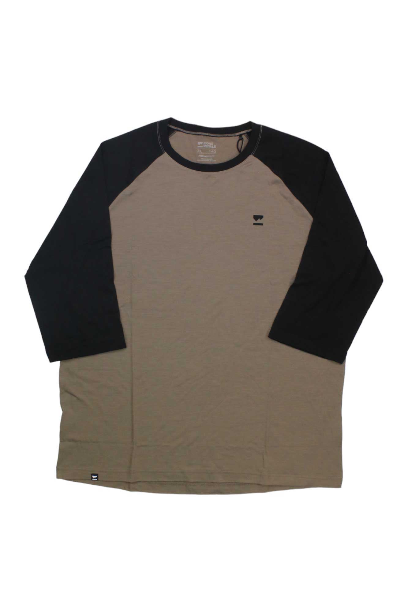 Men's merino raglan 3/4 top in tan and black, contrast crew neck