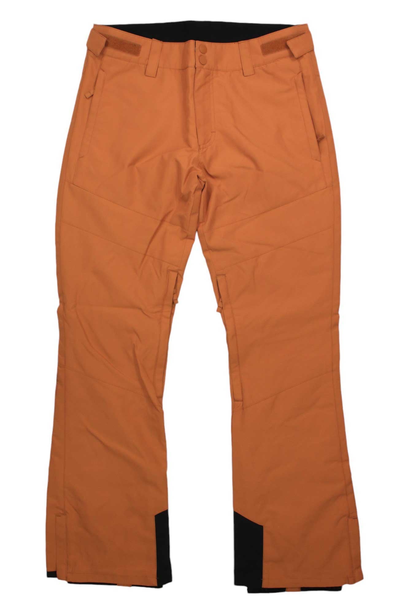 The Billabong Womens Malla Pant in orange features black inner ankle accents, front pockets, belt loops, and a button-zipper closure—perfect insulated snow pants for winter adventures.