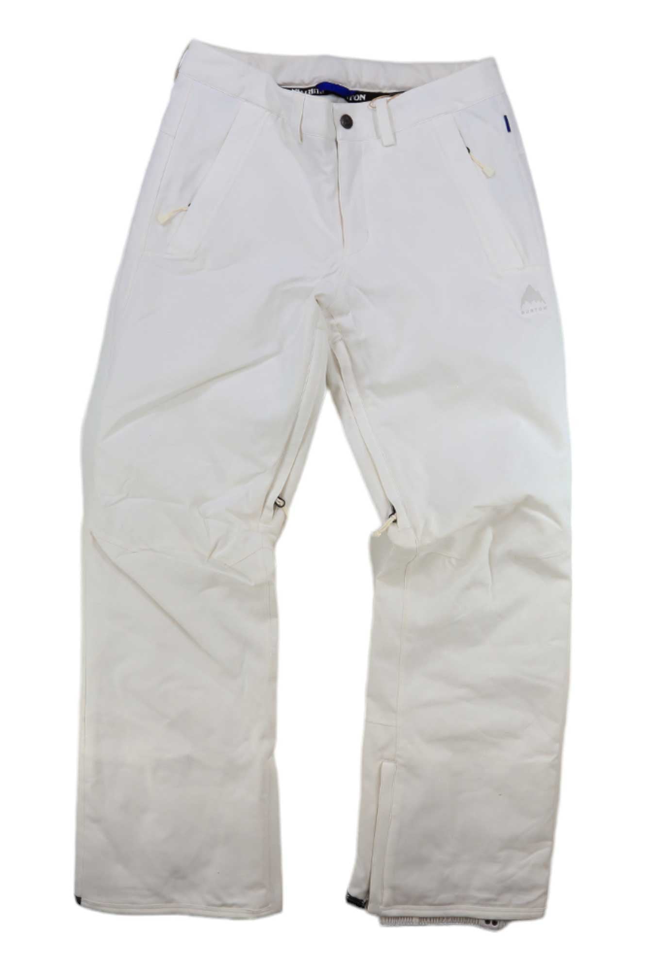 The Burton Women's Society Pant is a pair of white snowboard pants made with DRYRIDE stretch fabric, side and back pockets, button and zipper closure, and a slightly loose fit, shown against a plain white background.
