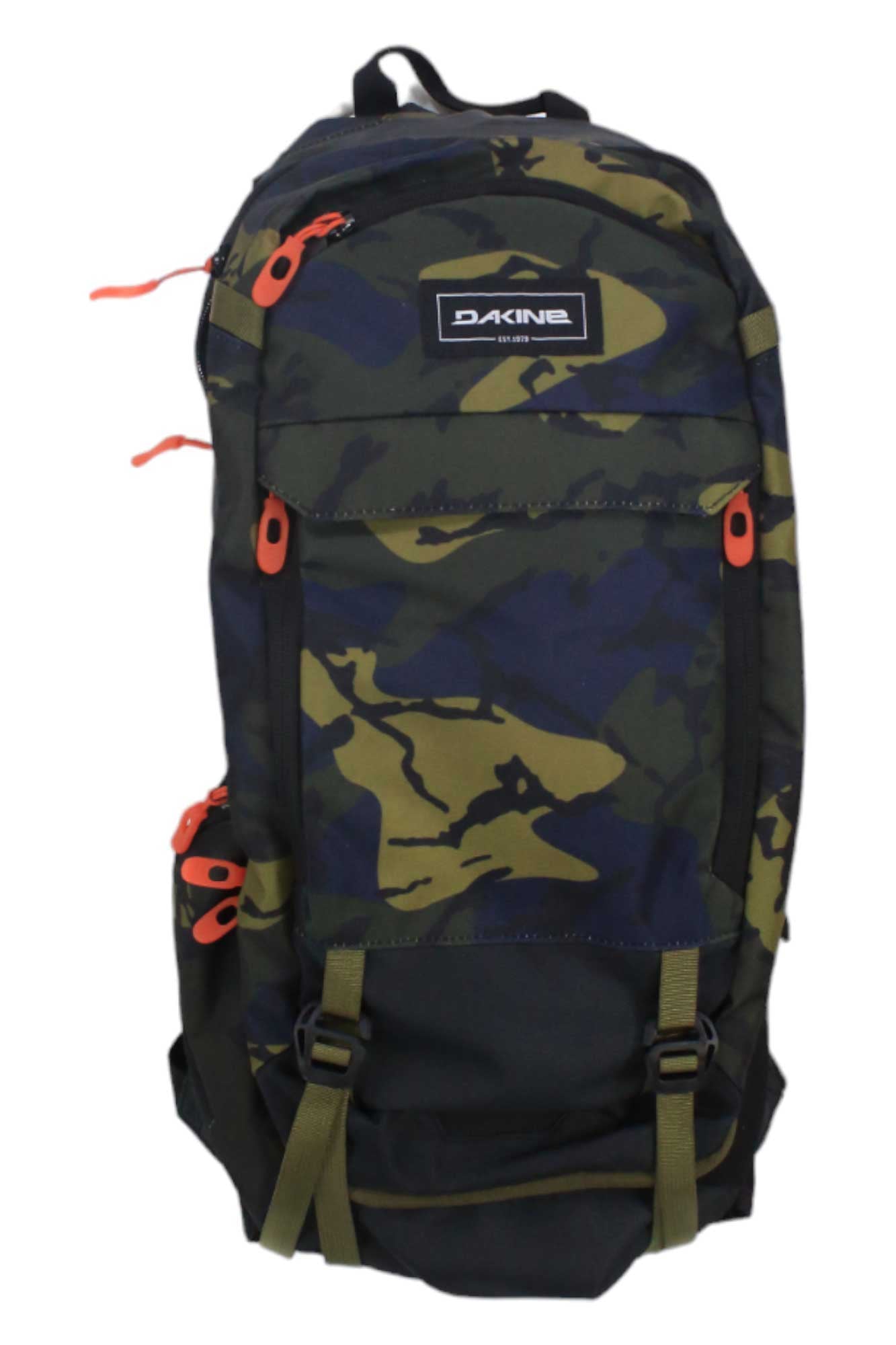 The Dakine Syncline 16L Hydration Pack features a green and navy blue camo pattern, red zipper pulls, front straps, and a logo patch—perfect for mountain biking adventures.