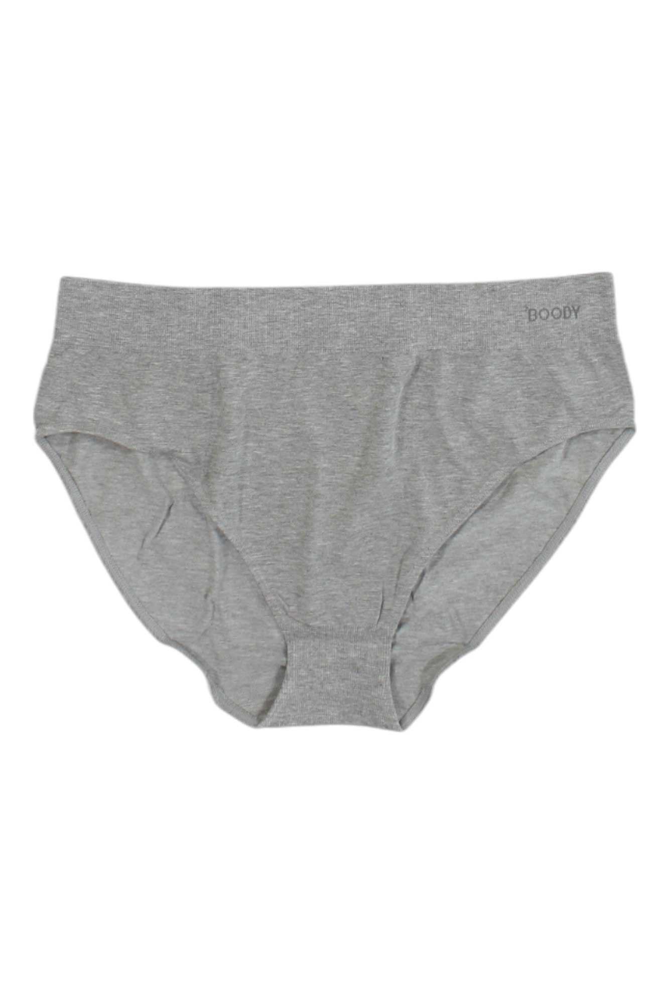 The Boody Womens Full Brief is a light gray, seamless underwear made from moisture-wicking bamboo fabric, featuring "BOODY" printed near the waistband.