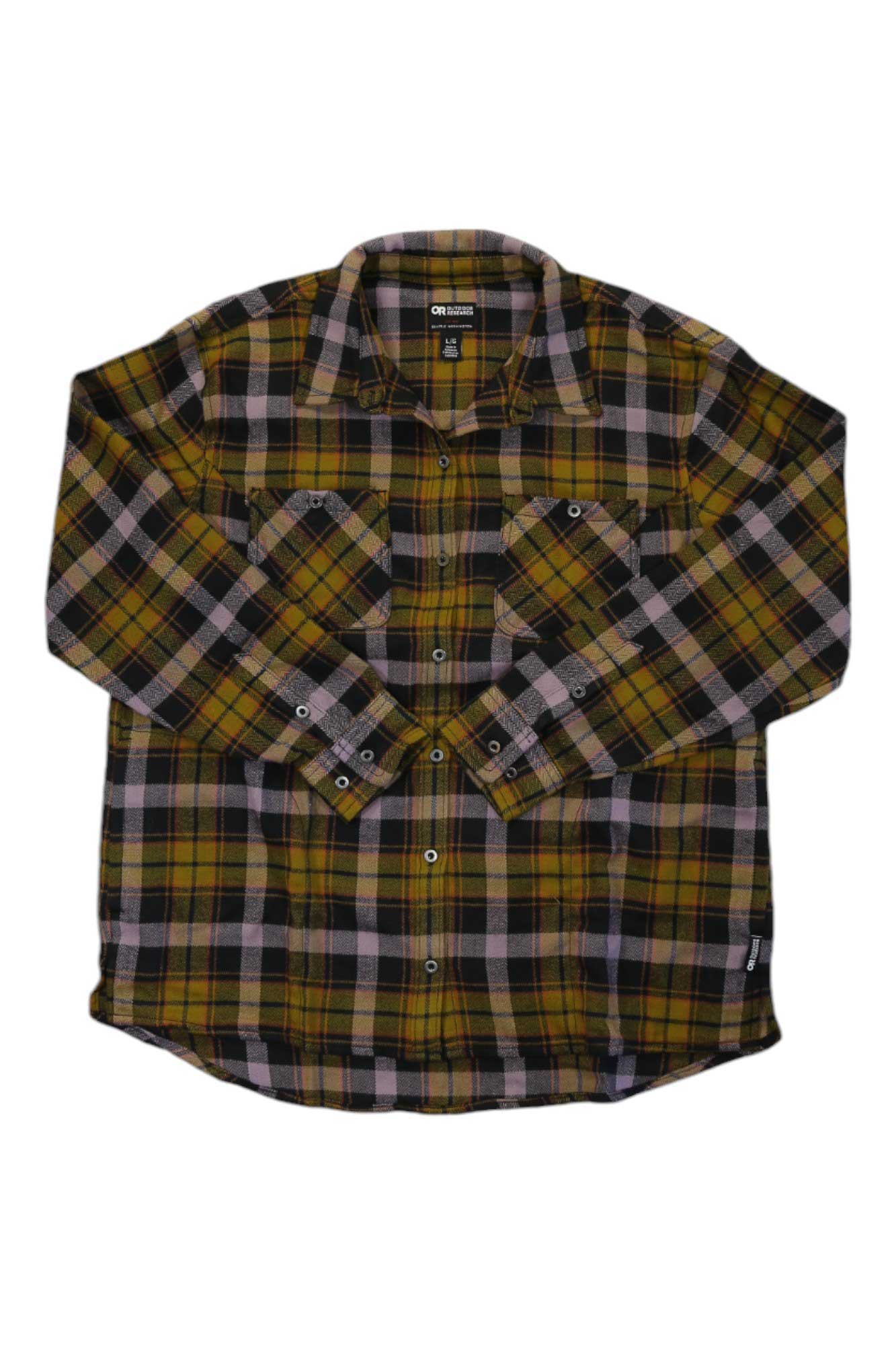 Women’s flannel shirt in brown plaid with chest flap pockets, button front