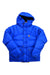 Hooded puffer jacket in bright blue, quilted, zip-front with hood and snap pockets.