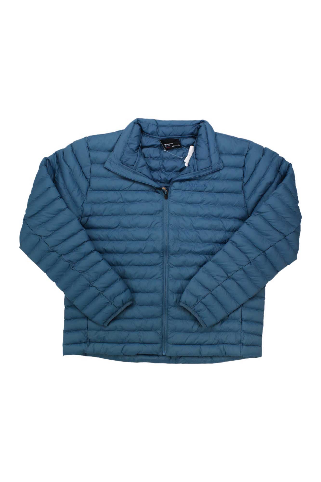 The Mens Echo Featherless Jacket, a teal quilted puffer made from recycled nylon with synthetic insulation and a front zipper, is shown laid flat on a white background.