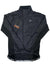 Black padded bike jacket with stand collar and full zip front, logo chest patch
