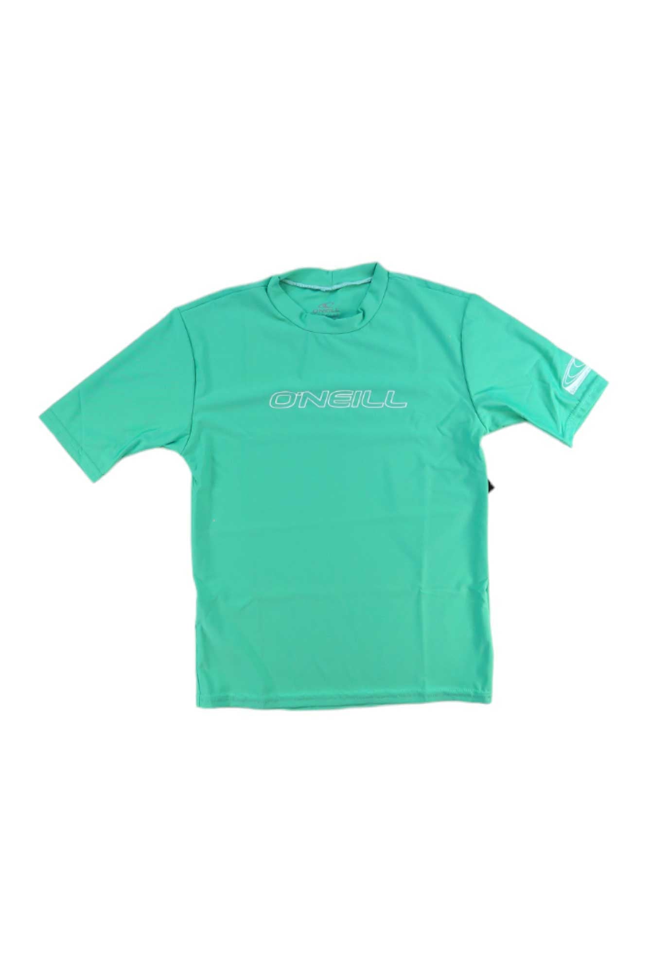 The ONeill Youth Basic SS Rash Tee is a turquoise, short-sleeve crew neck rash guard with ONEILL in white on the chest and a small white logo on the left sleeve. Designed for swim and surf, it offers UPF 50+ sun protection. Displayed flat on a white background.