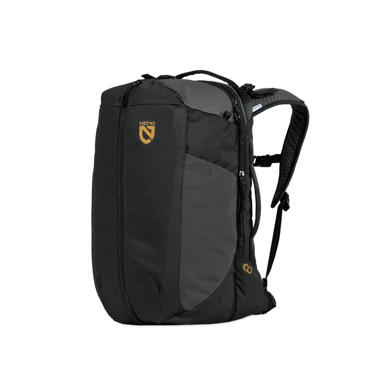 The Nemo Vantage 40L Pack is a black and dark gray water-resistant backpack with a top handle, adjustable shoulder straps, and a front zip pocket. A yellow NEMO logo stands out on the front panel—perfect for stylish adventures.