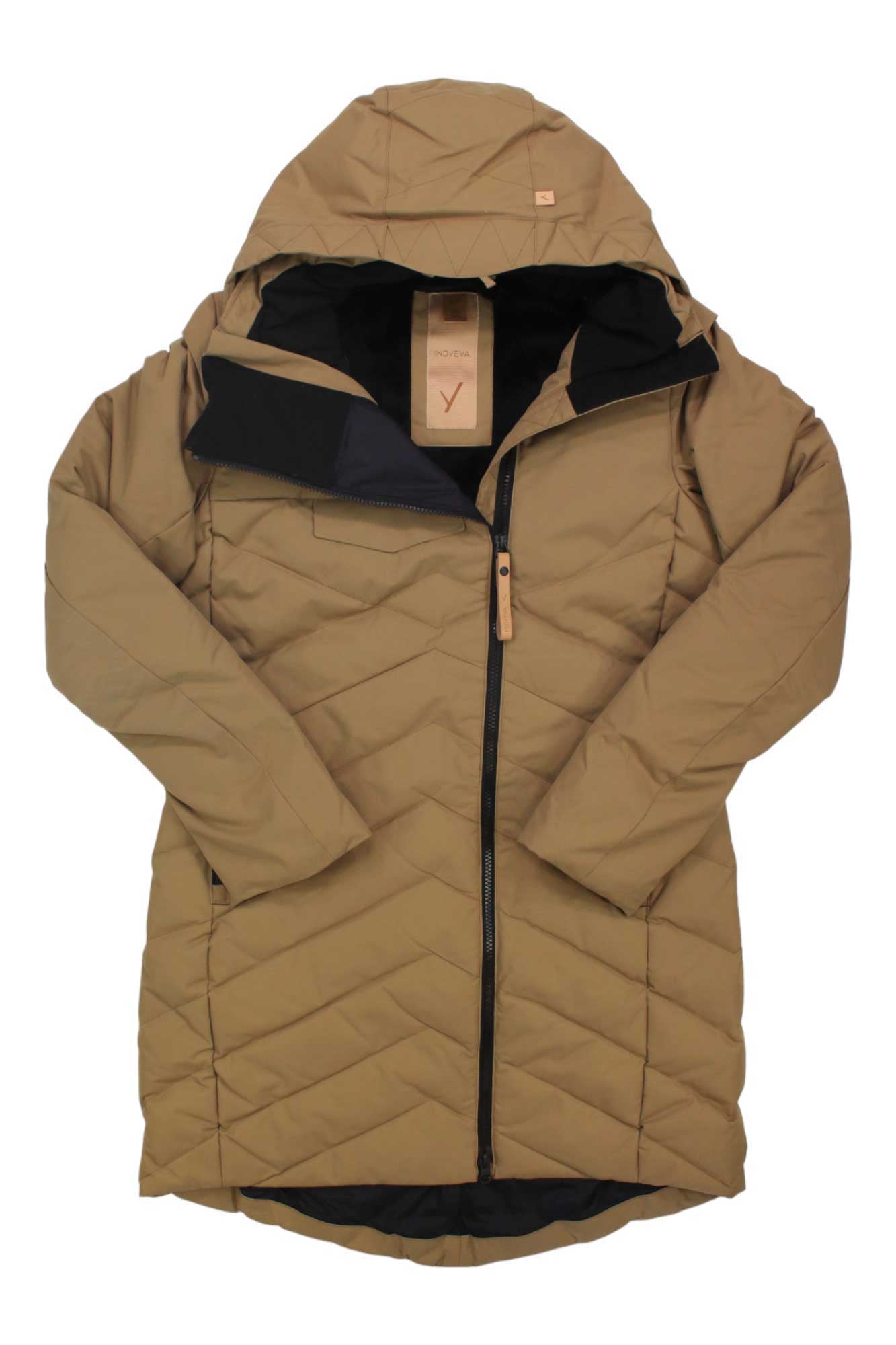The Indyeva Womens Ayaba II Jacket is a tan, quilted down jacket with a hood, diagonal front zipper, chest pocket, insulated material, and water-resistant protection—perfect for staying warm on winter days.
