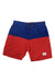 Men's slanted swim shorts, red and blue diagonal color band with drawstring waist and logo patch