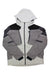 The Obermeyer Mens Foundation Jacket is a hooded ski jacket with a color block design in white, light gray, dark gray, and black accents, featuring a front zipper, multiple pockets, and made from recycled material.