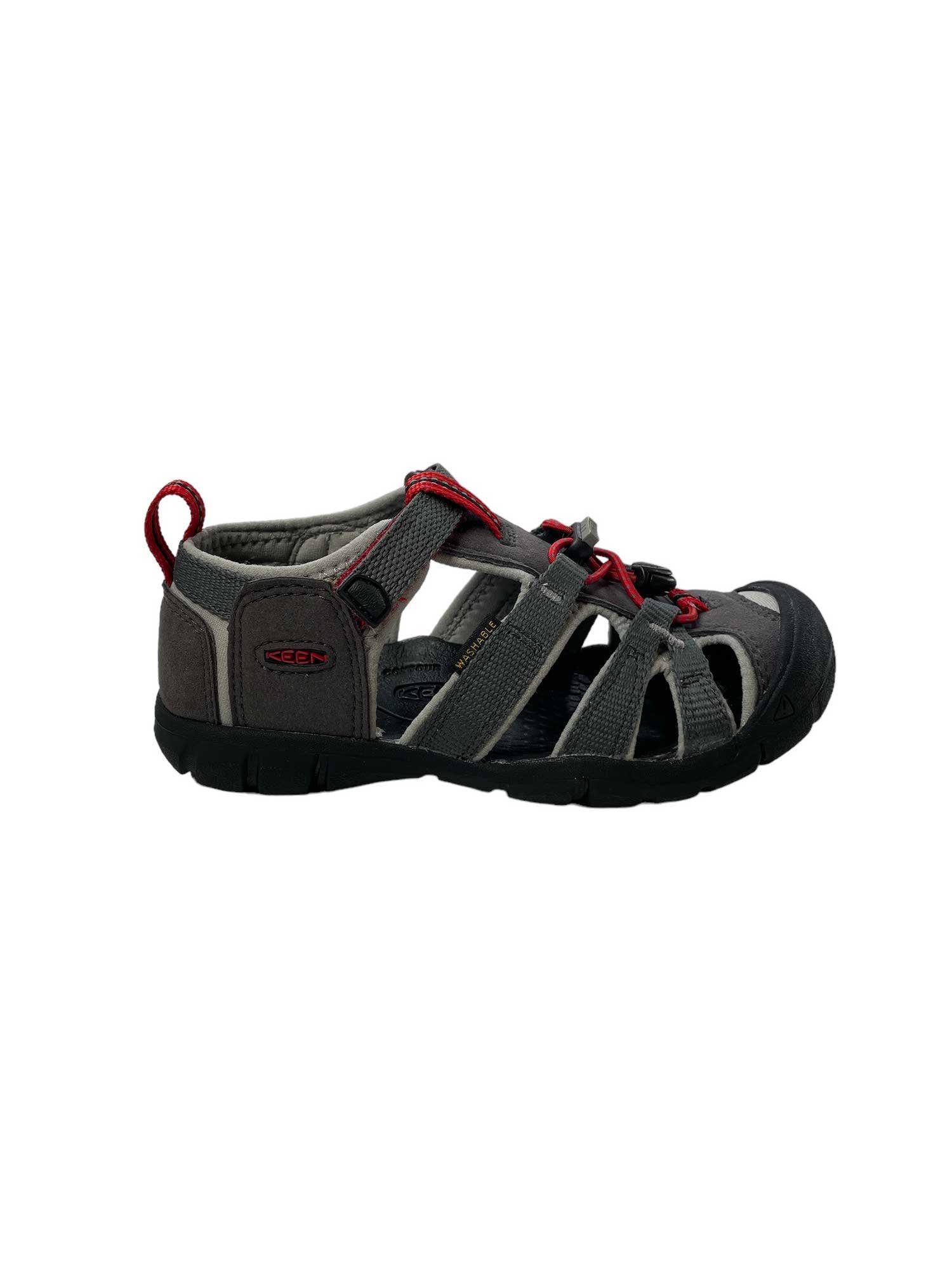 KEEN Seacamp II CNX kids sandal, dark gray with red laces and hook-and-loop strap