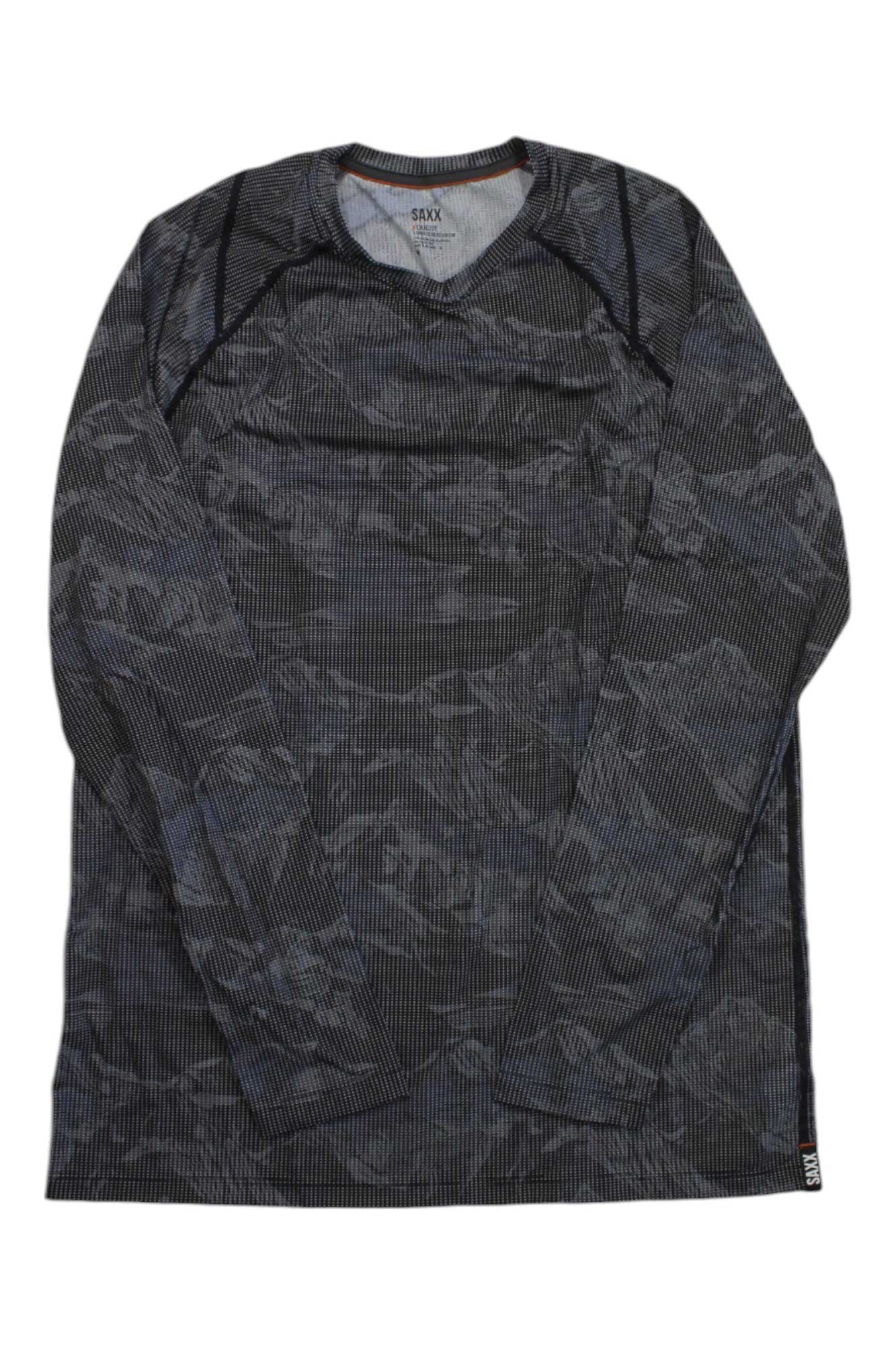 The SAXX Men's Quest Quick Dry Mesh Long Sleeve Crew, in black and grey with an abstract pattern, features moisture-wicking mesh fabric—perfect for hiking or daily wear.