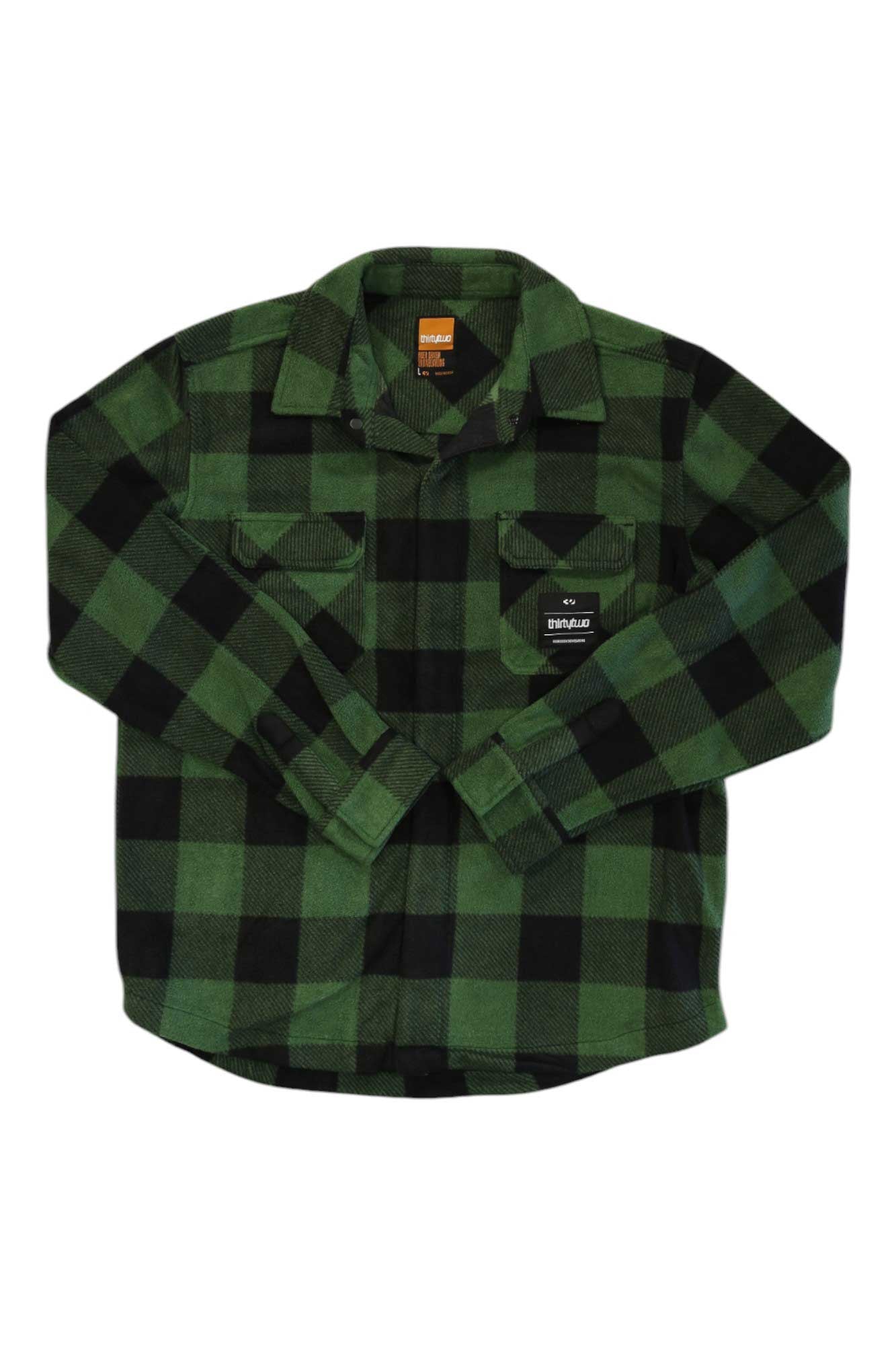 The ThirtyTwo Mens Rest Stop Shirt is a green and black checkered flannel with long sleeves, button-down front, two chest pockets, and a logo label—ideal for outdoor adventures in cool weather.