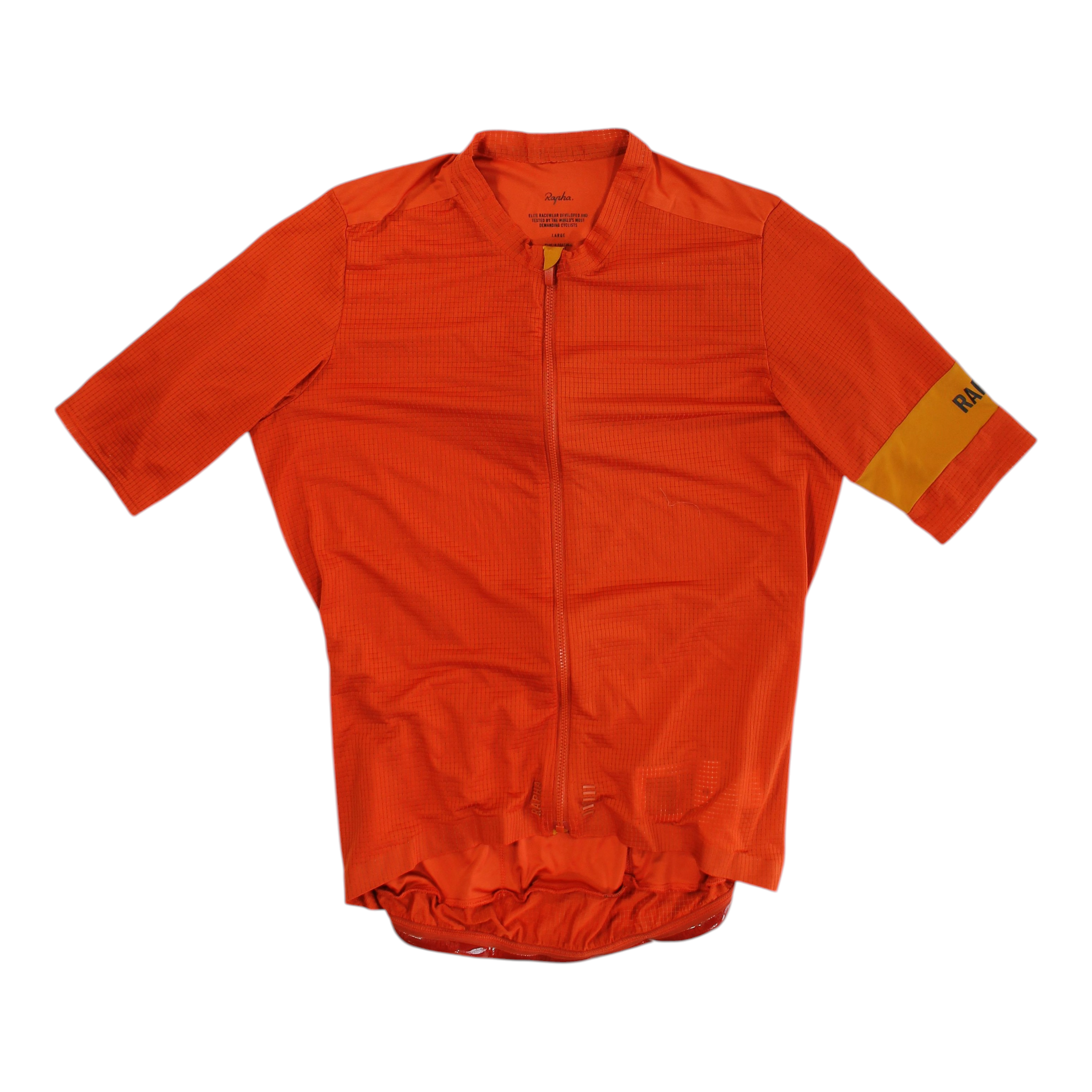 Men's orange short-sleeve cycling jersey with full zip and yellow RAP sleeve cuff