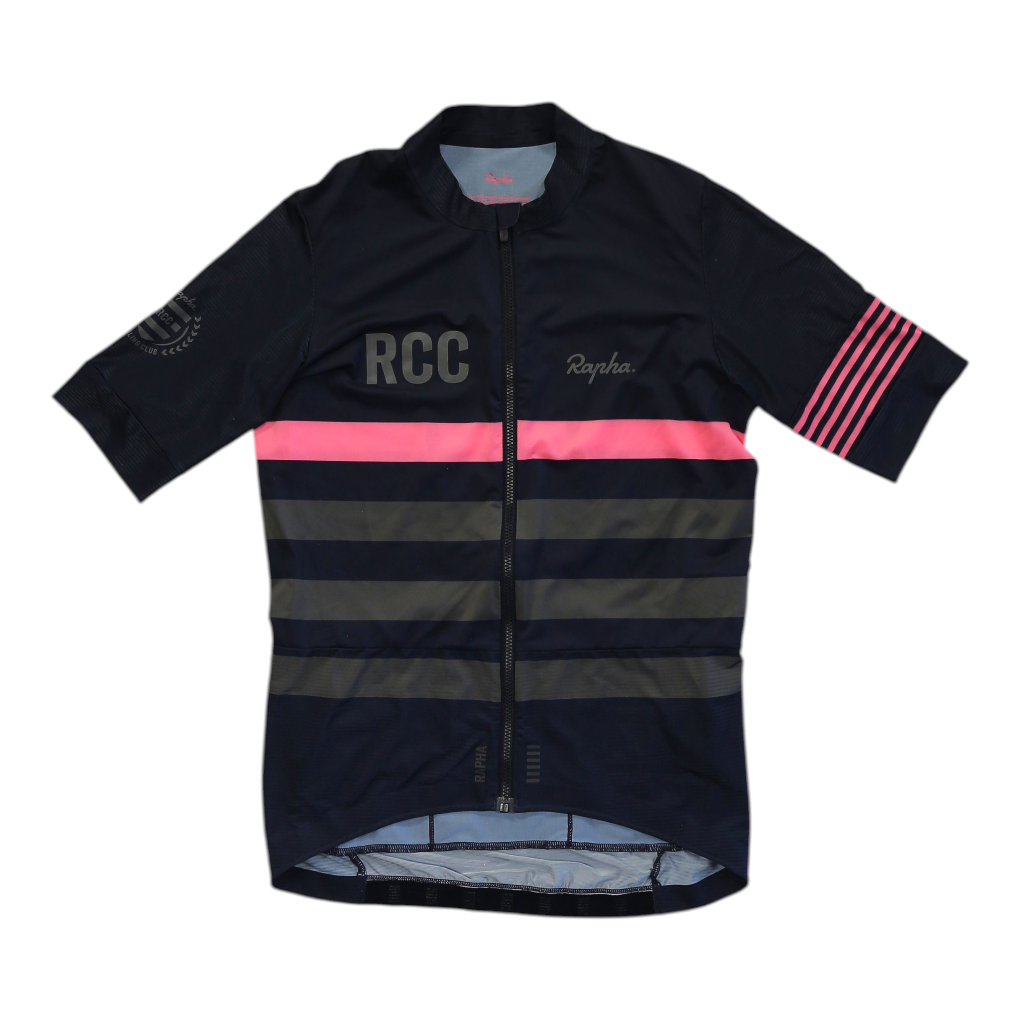 Men's Rapha cycling jersey, black with pink/grey RCC stripe panels and full zipper