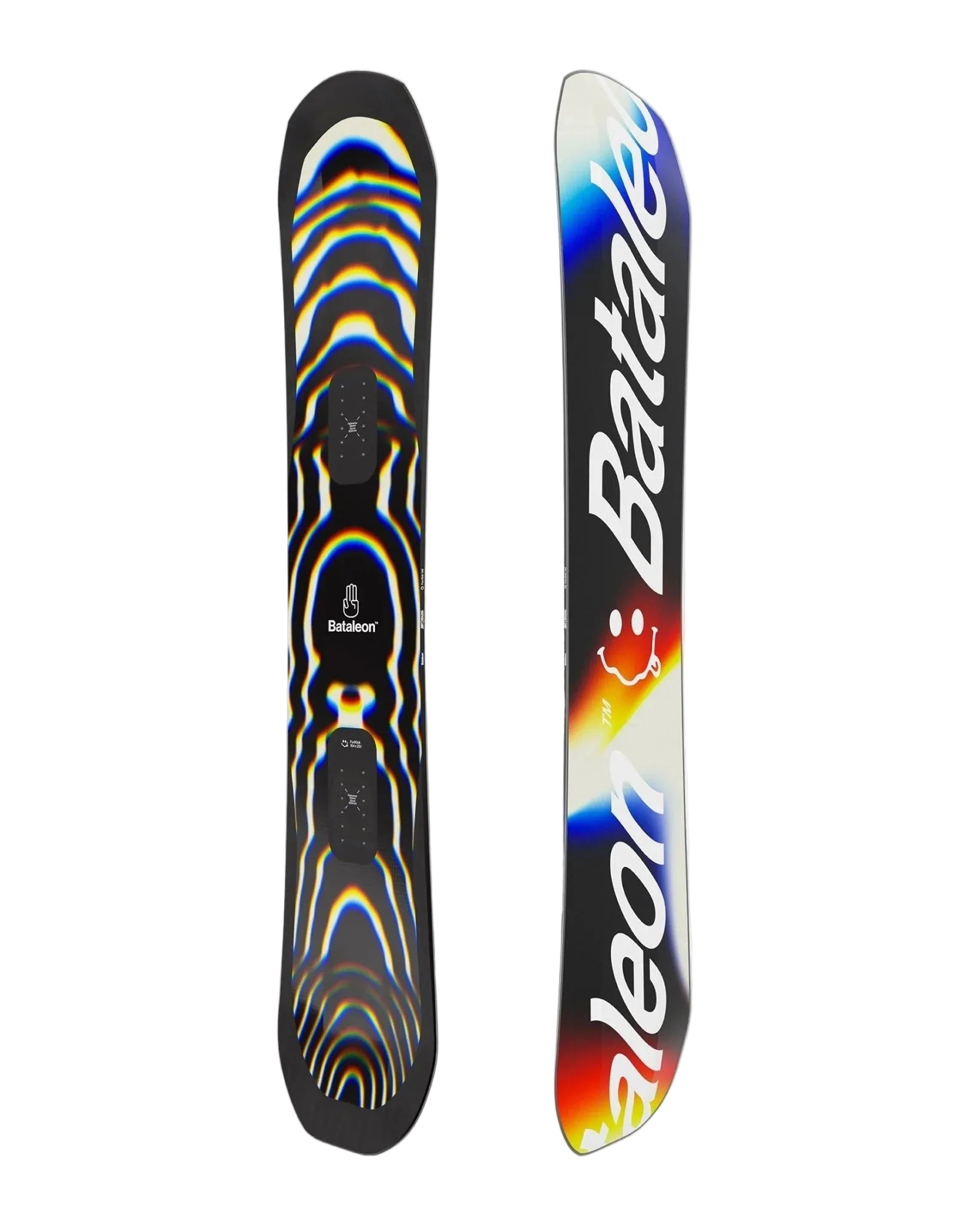 Bataleon FunKink snowboard with black deck and colorful wave graphics; matching profile view