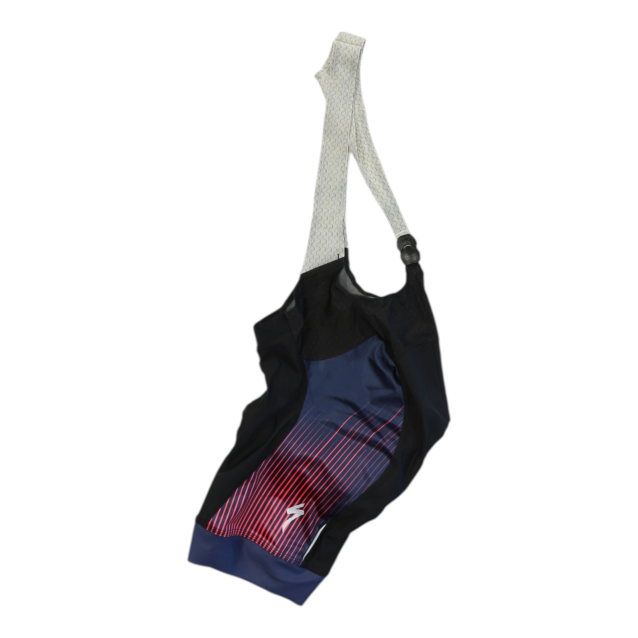 Mens black cycling bib shorts with blue leg panel and red stripe graphic