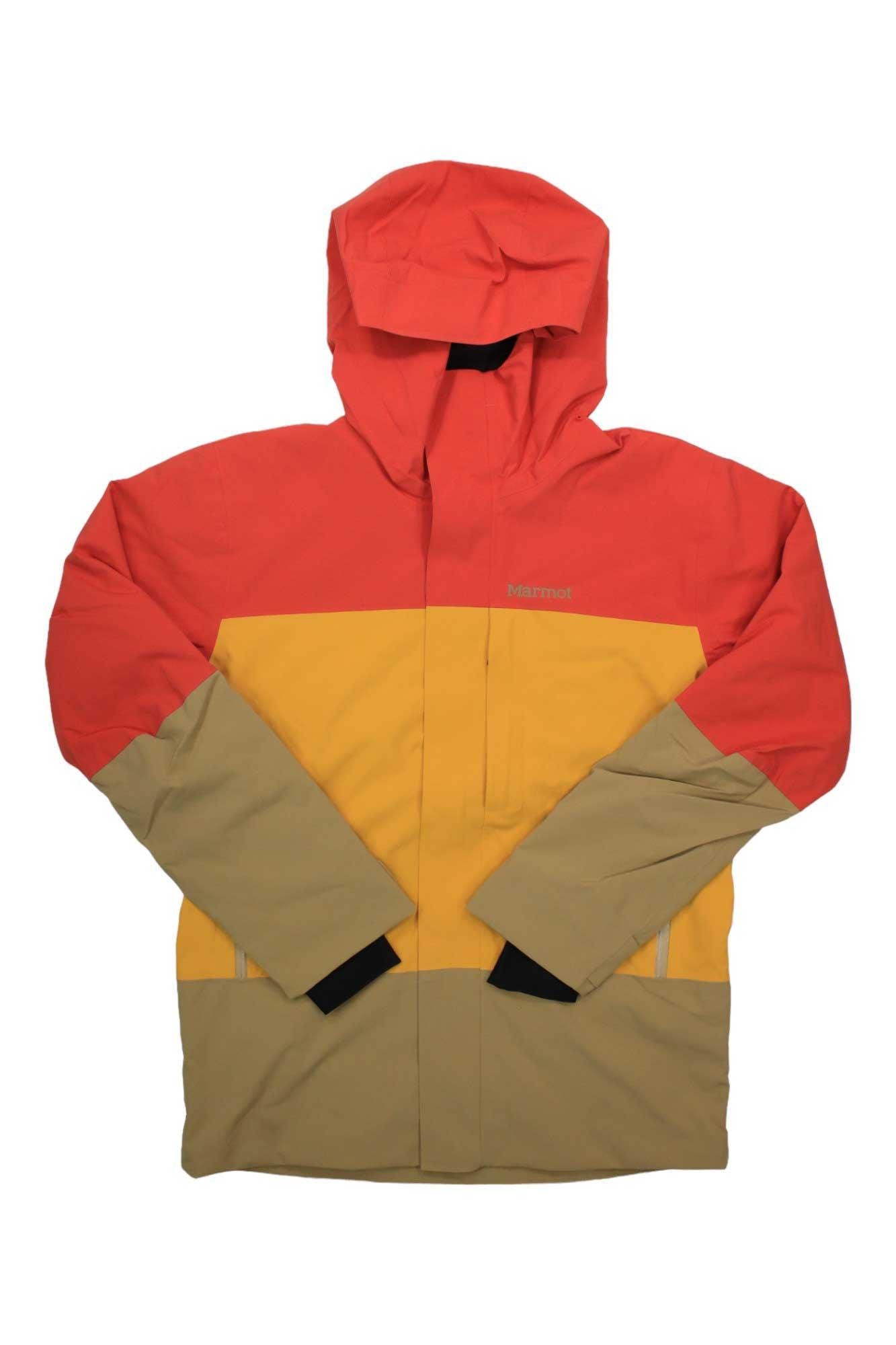 The Men's Elevation Jacket is a color-blocked, eco-friendly insulated jacket with Marmot NanoPro Eco fabric, hood, red upper section, yellow middle, beige lower part and sleeves, two front pockets, and a zipper closure.