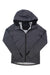 The POC Sports Juniors Merino Zip Hood, shown in dark gray with long sleeves, front zipper, and hood up, is laid flat on a white background. Its design is simple and minimalist.