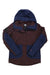 The Outdoor Research Womens Mt Baker Storm Jacket is a two-tone waterproof ski jacket featuring dark blue sleeves and hood, a maroon-brown body, zipper closure, zippered chest and side pockets, and the OR logo on the inside collar.