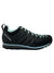 The Scarpa Womens Crux Shoe is a black, low-cut approach shoe for women with light blue laces and accents, visible stitching, “Scarpa” branding on the side, a rugged Vibram outsole, and a heel loop for easy carrying.
