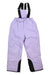 The Therm Kids' Snowrider Overall is a light purple waterproof insulated bib with black adjustable suspenders, black knee and ankle patches, side pockets, and a front button closure—ideal for snowsports. Shown laid flat on white.