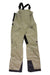 The Outdoor Research Women's Hemispheres II Bib Pant features light tan GORE-TEX waterproof fabric, multiple zippered pockets, adjustable black straps, reinforced dark cuffs and inner legs, plus an OR logo on the right thigh—perfect for skiing.