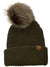 The Stormy Kromer The Snowfall Beanie is a dark green knit beanie with a large faux fur pompom and folded brim, finished with a small brown leather patch.