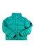 The Outdoor Research Women's Coldfront Down Jacket in teal features water resistance, a high collar, front snap buttons, side pockets, and a black patch on the left sleeve, shown laid flat on a white background.