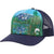Trucker hat with blue sky and green treeline graphic, navy mesh sides and logo