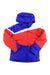 The Spyder Girls Zoey Jacket features a blue hood and sleeves, a wide red stripe across the chest and arms, and a white diagonal stripe on the upper right chest, shown on a white background.