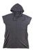 The Toad & Co Women's Epiq Hooded SS Dress is a short-sleeved, dark gray organic cotton dress with a hood, front seam, drawstrings, and relaxed fit, shown laid flat on a white background.