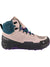 The Vasque Women's Breeze LT Eco Boot is a light brown and teal hiking boot with black and purple accents, mesh upper, textured sole, metal eyelets, waterproof build, recycled materials, "Vasque" branding and "Vibram" logo.