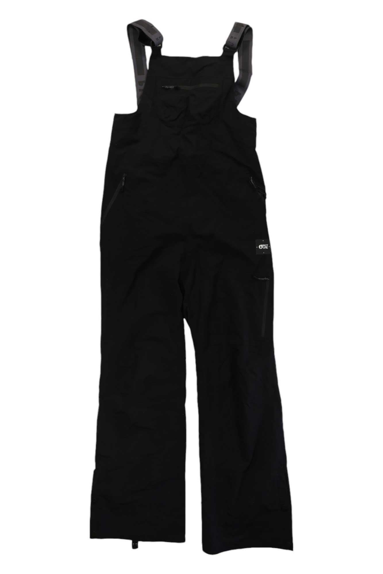The Picture Womens Elwy Bib Pant—black, waterproof, with adjustable shoulder straps, side pockets, and straight legs—is the perfect snow bib for your next winter adventure.