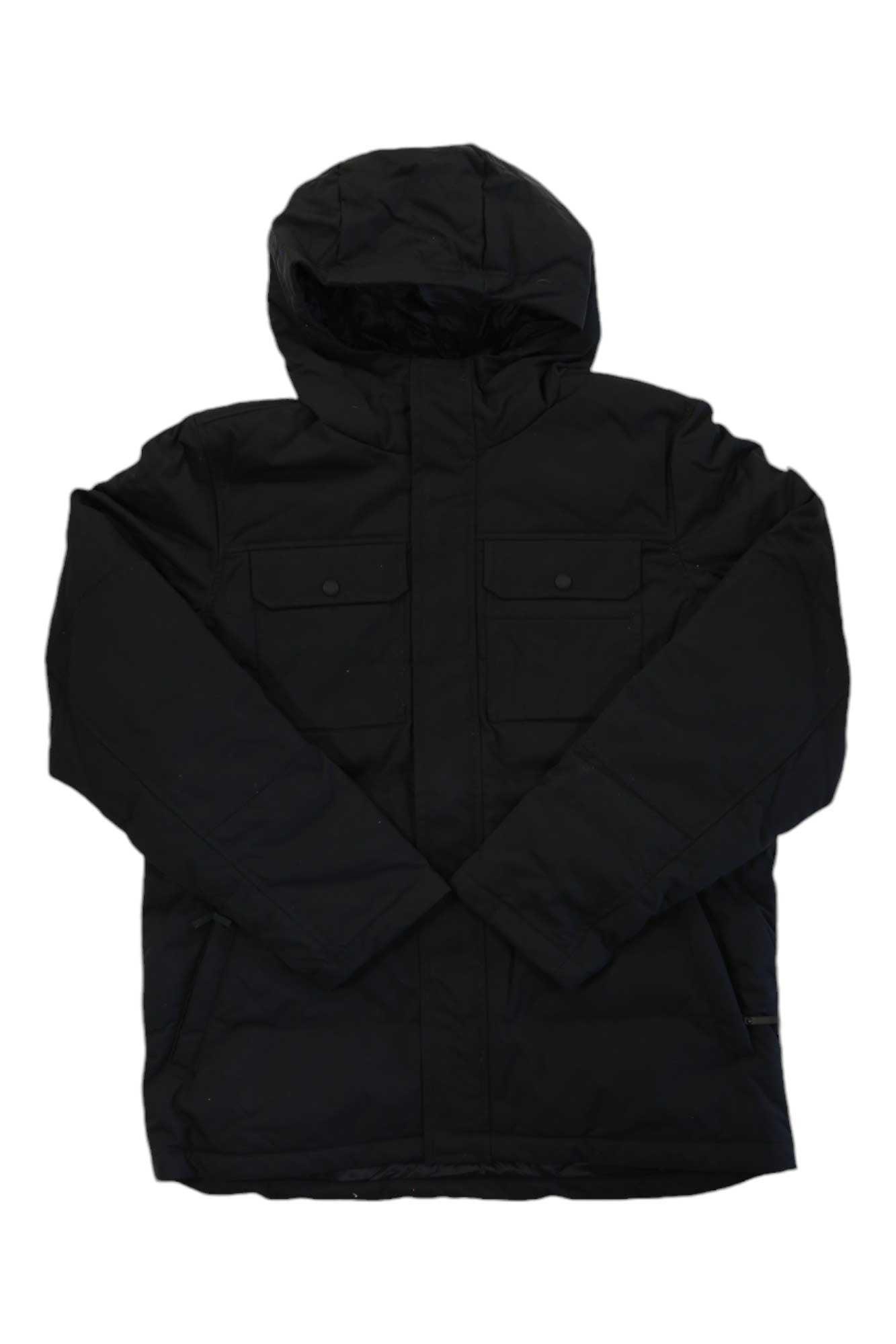 A black Outdoor Research Men's Del Campo Down Parka with two chest pockets and long sleeves is laid flat on a white background; this water-resistant, down-insulated winter jacket is built for cold conditions.