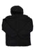 A black Outdoor Research Men's Del Campo Down Parka with two chest pockets and long sleeves is laid flat on a white background; this water-resistant, down-insulated winter jacket is built for cold conditions.