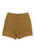 The Topo Designs Men's Global Short in light brown features 4-way stretch, an elastic waistband, and a small logo on the lower left leg, shown laid flat on a white background.