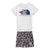 The North Face Infant Cotton Summer Set features a white short-sleeve tee with logo and ‘Born to Explore’ text, paired with gray shorts with a colorful dinosaur print—perfect for little adventurers' casual summer style.