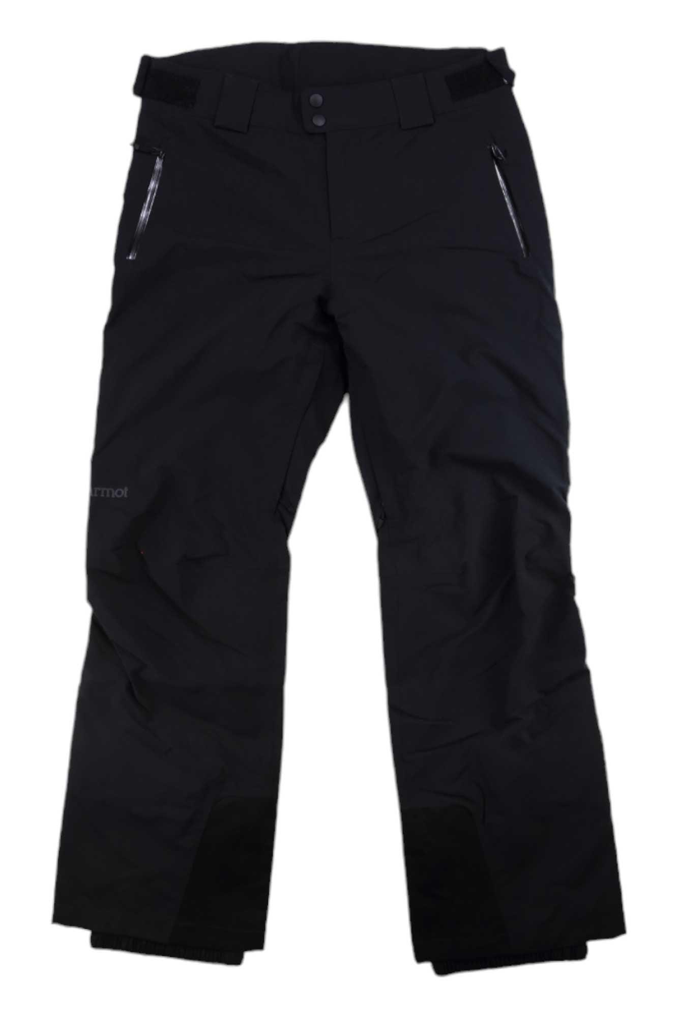 The Marmot Womens Slopestar Pant is a pair of black, waterproof snow pants featuring front zipper pockets, belt loops, and reinforced cuffs—perfect for winter sports or outdoor activities.