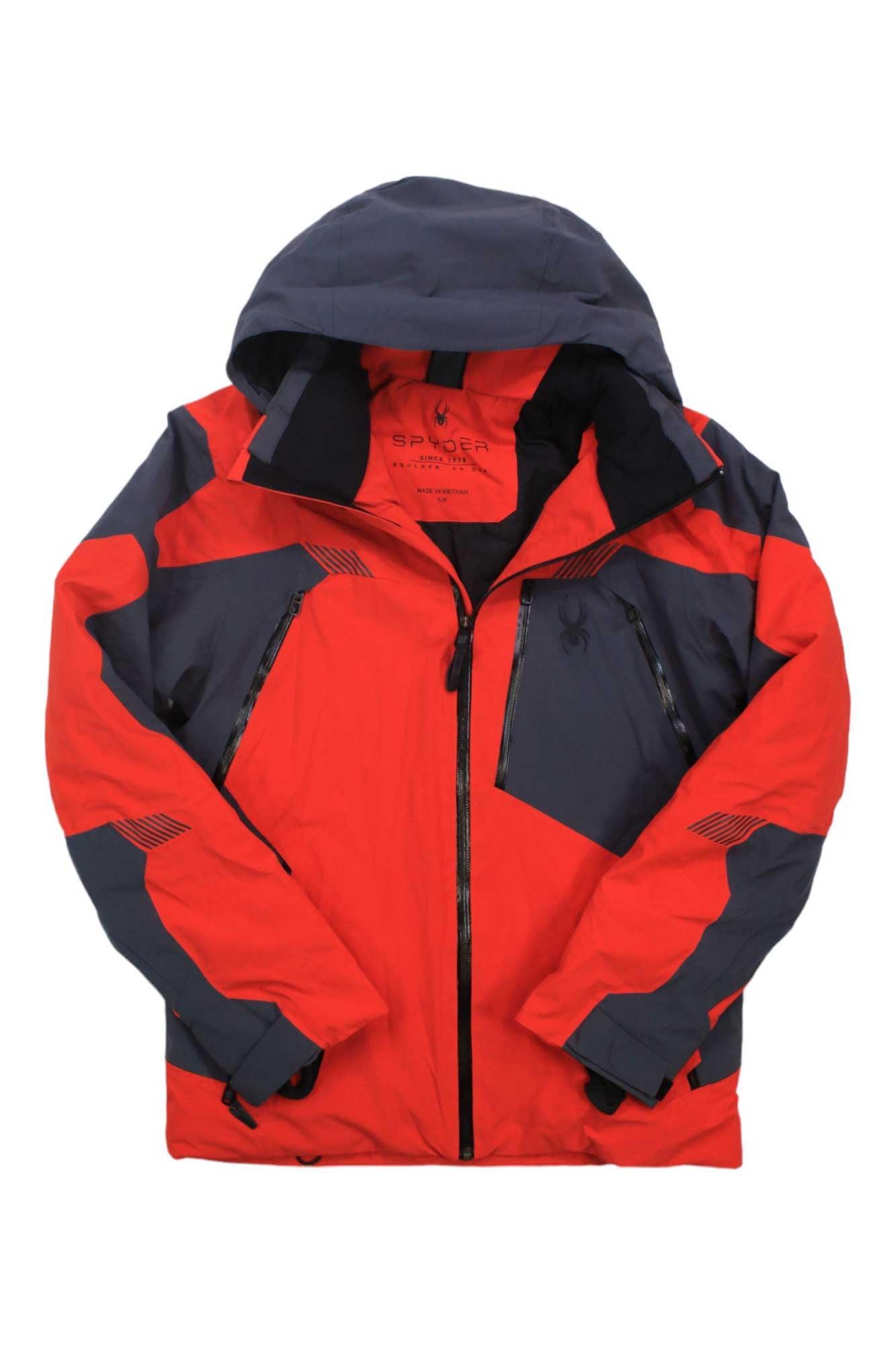 A Spyder Men's Leader Jacket in red and dark gray, with Primaloft Silver Eco insulation, hood, front zipper, chest zip pocket, and side zip pockets is shown flat with sleeves crossed at the wrists.