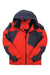 A Spyder Men's Leader Jacket in red and dark gray, with Primaloft Silver Eco insulation, hood, front zipper, chest zip pocket, and side zip pockets is shown flat with sleeves crossed at the wrists.