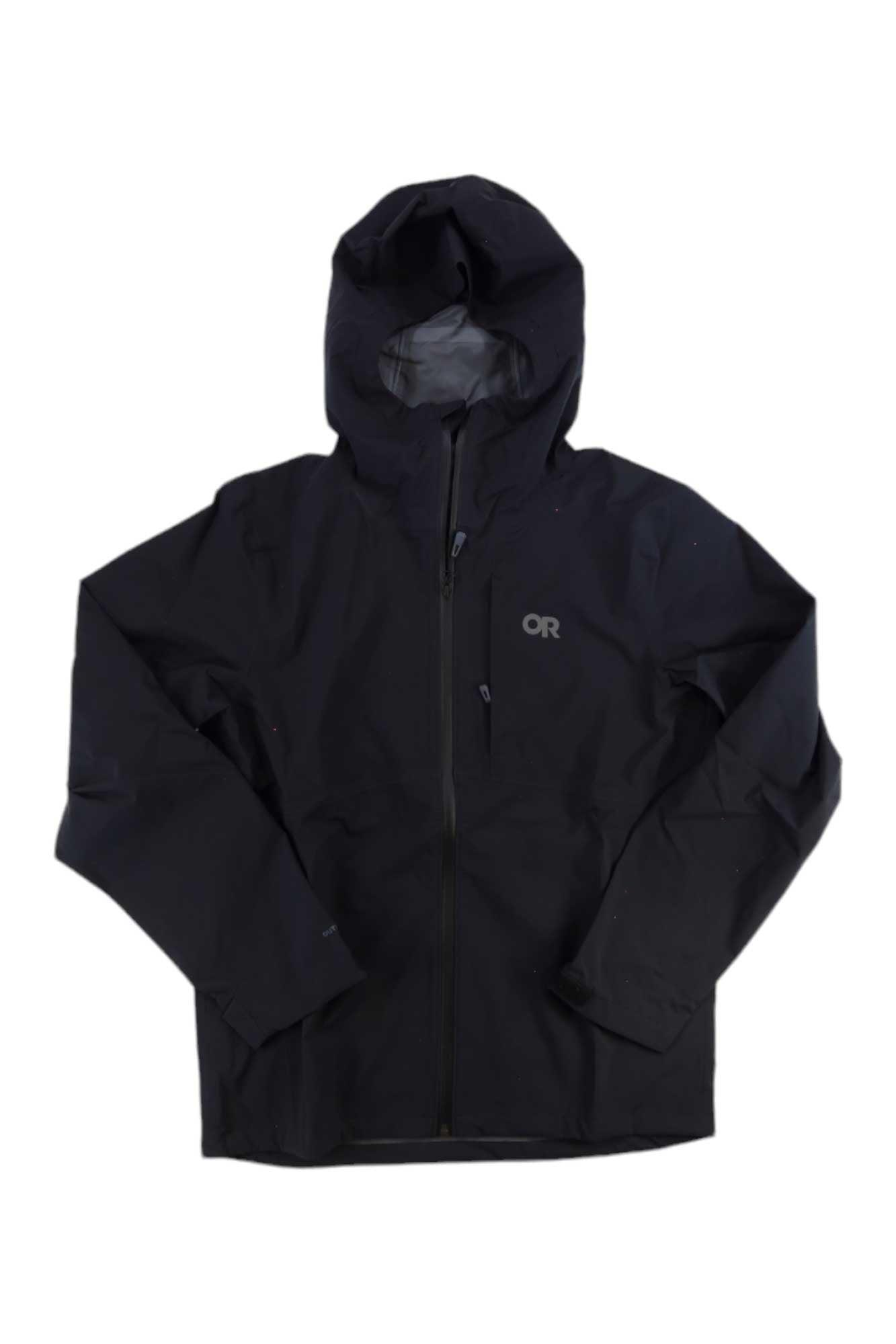 The Outdoor Research Men's Dryline Rain Jacket is a black waterproof hiking jacket with a hood, front zipper, and "OR" logo on the left chest, shown against a white background—stylish and practical for outdoor adventures.