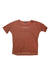 The Picture Women's Kiersi SS Tech Tee is a loose-fitting, short-sleeve, rust-colored hiking shirt with a round neckline and small chest print. This UPF50+ tee appears slightly wrinkled and is laid flat on a white background.