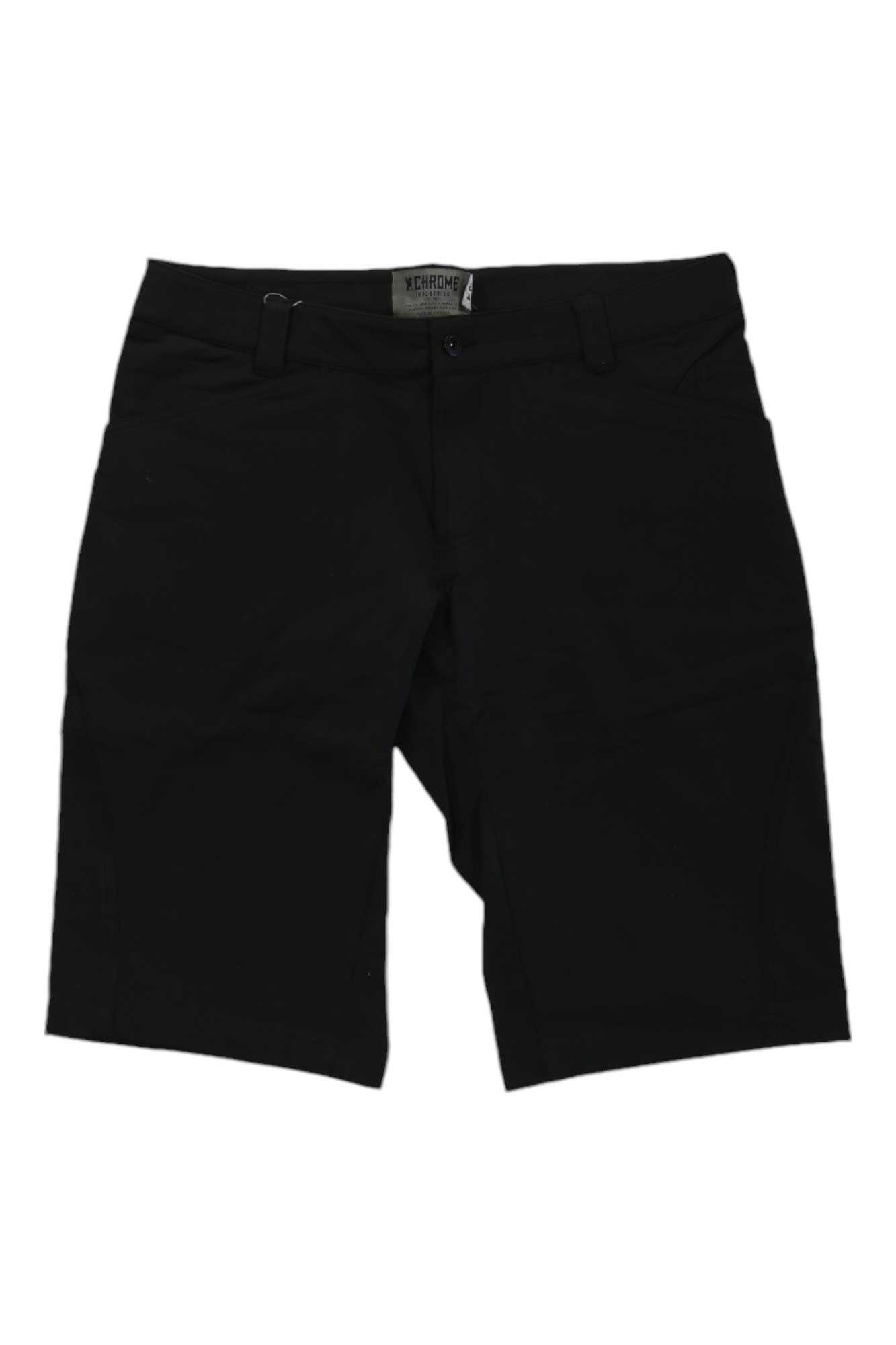 A pair of Chrome Industries Mens Union Short 2.0 in plain black, knee-length with belt loops, front pockets, and a button closure, made from water-resistant four-way stretch fabric, laid flat on a white background.